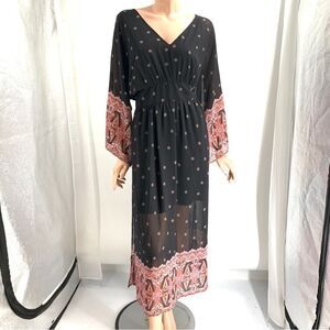 ABeautiful Soul NWT Black Gauzy V Neck Midi Sress w/Red Pattern Sleeves
